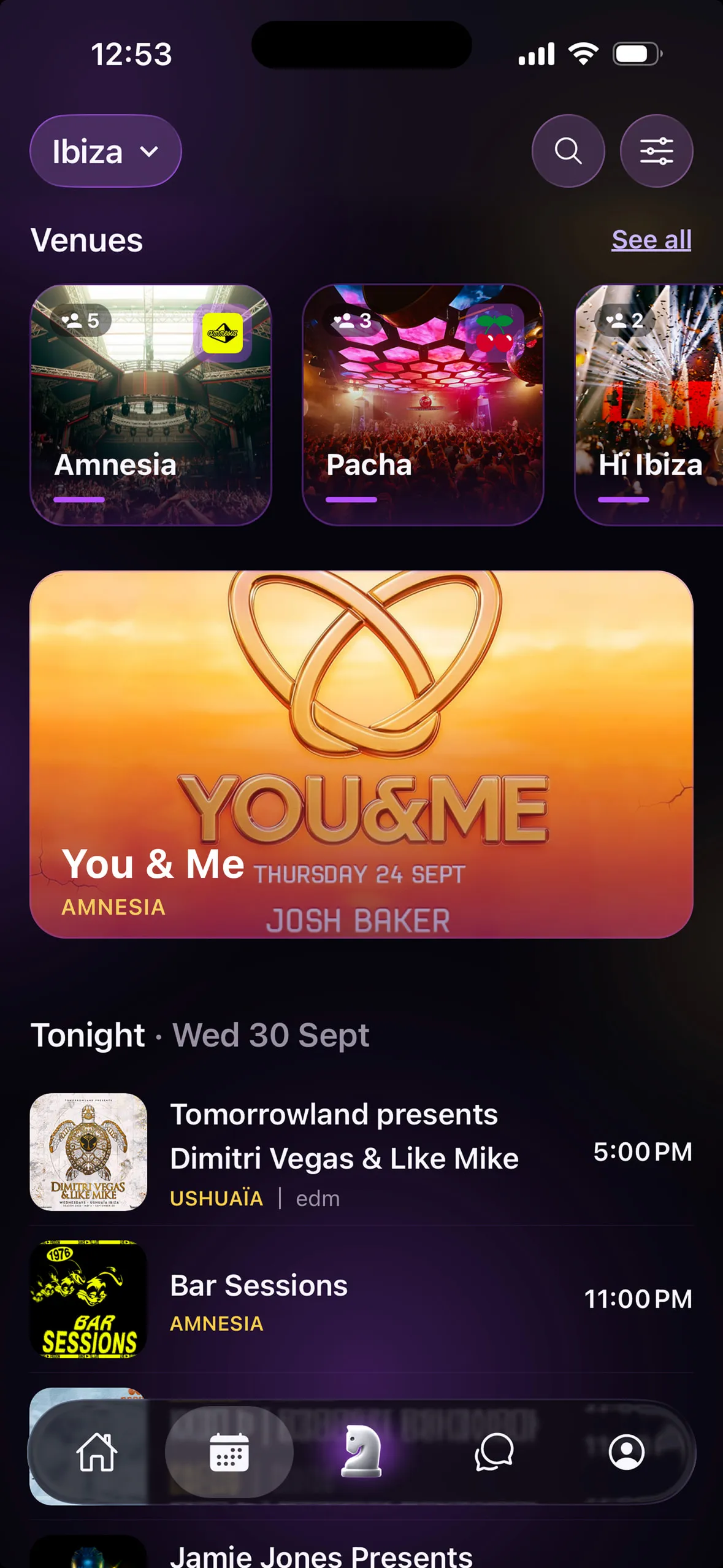 The Epiknight events screen for Ibiza — Amnesia, Pacha and Hï Ibiza up top, You & Me at Amnesia featured, then tonight's line-up from Dimitri Vegas & Like Mike at Ushuaïa
