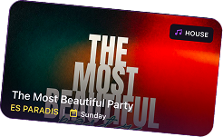 An event card: The Most Beautiful Party at Es Paradis on Sunday