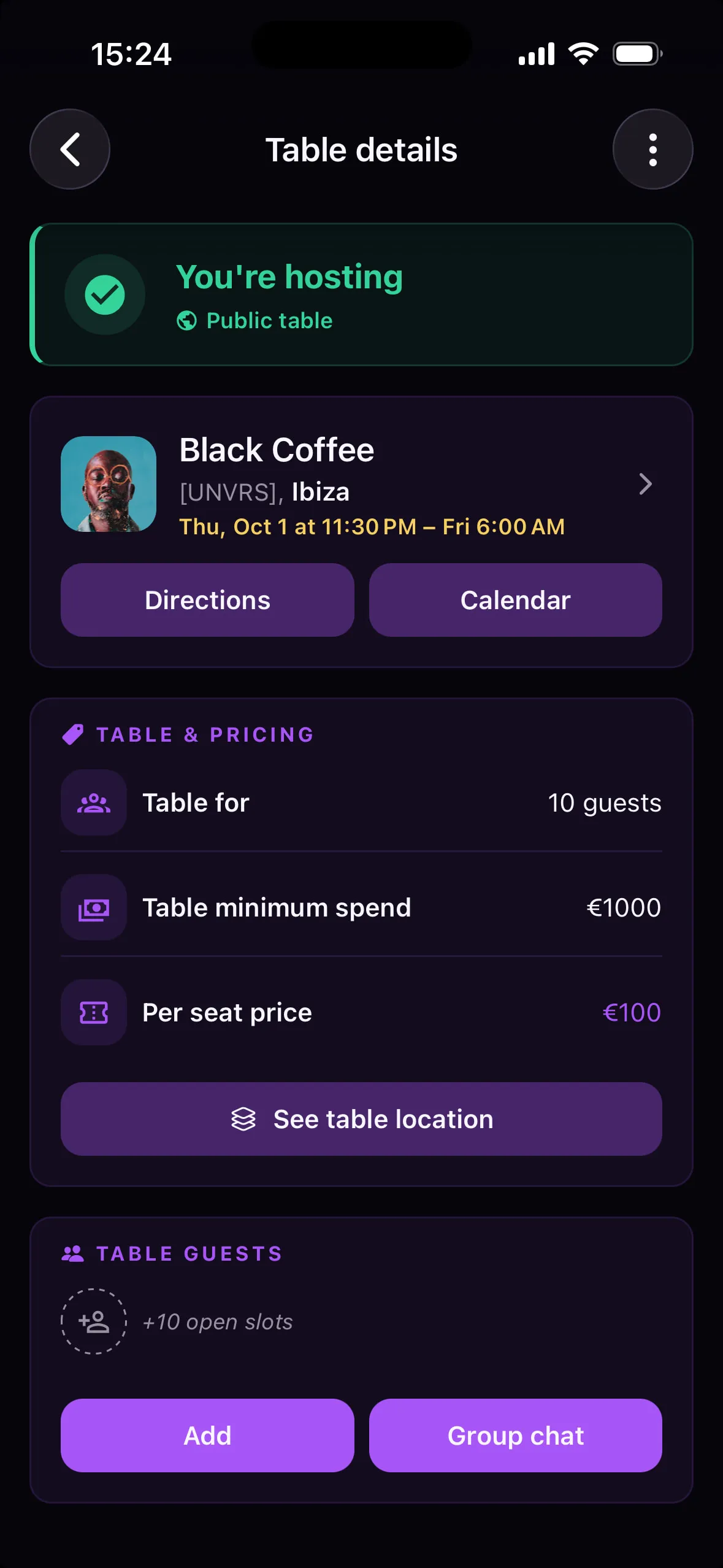 An Epiknight table marked “You're hosting · Public table” — Black Coffee at [UNVRS], a table for ten with every seat still open for others to request
