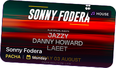 An event card: Sonny Fodera at Pacha on Monday