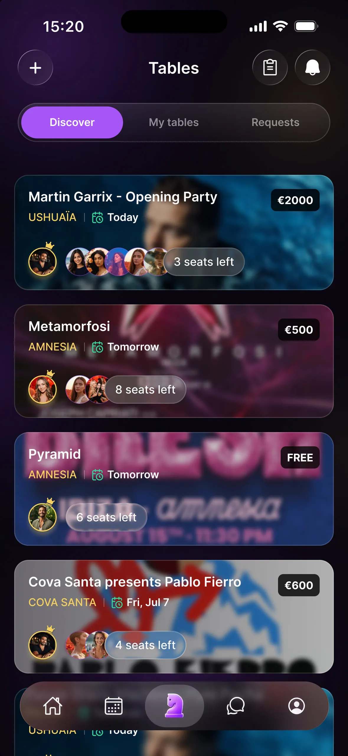 Epiknight's Tables tab listing the tables people have opened — Martin Garrix at Ushuaïa, Metamorfosi and Pyramid at Amnesia — with the seats left at each